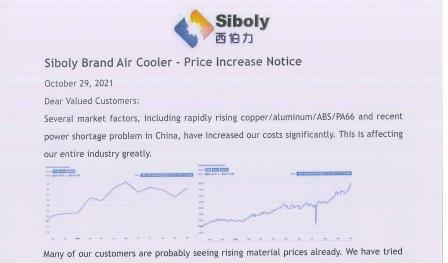 Siboly Brand Air Cooler - Avviso aumento prezzo